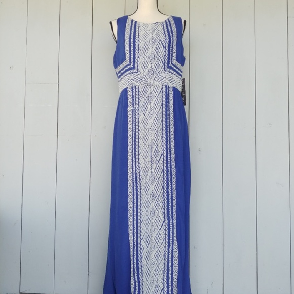 LUXOLOGY Blue and White Embroidered Maxi Dress